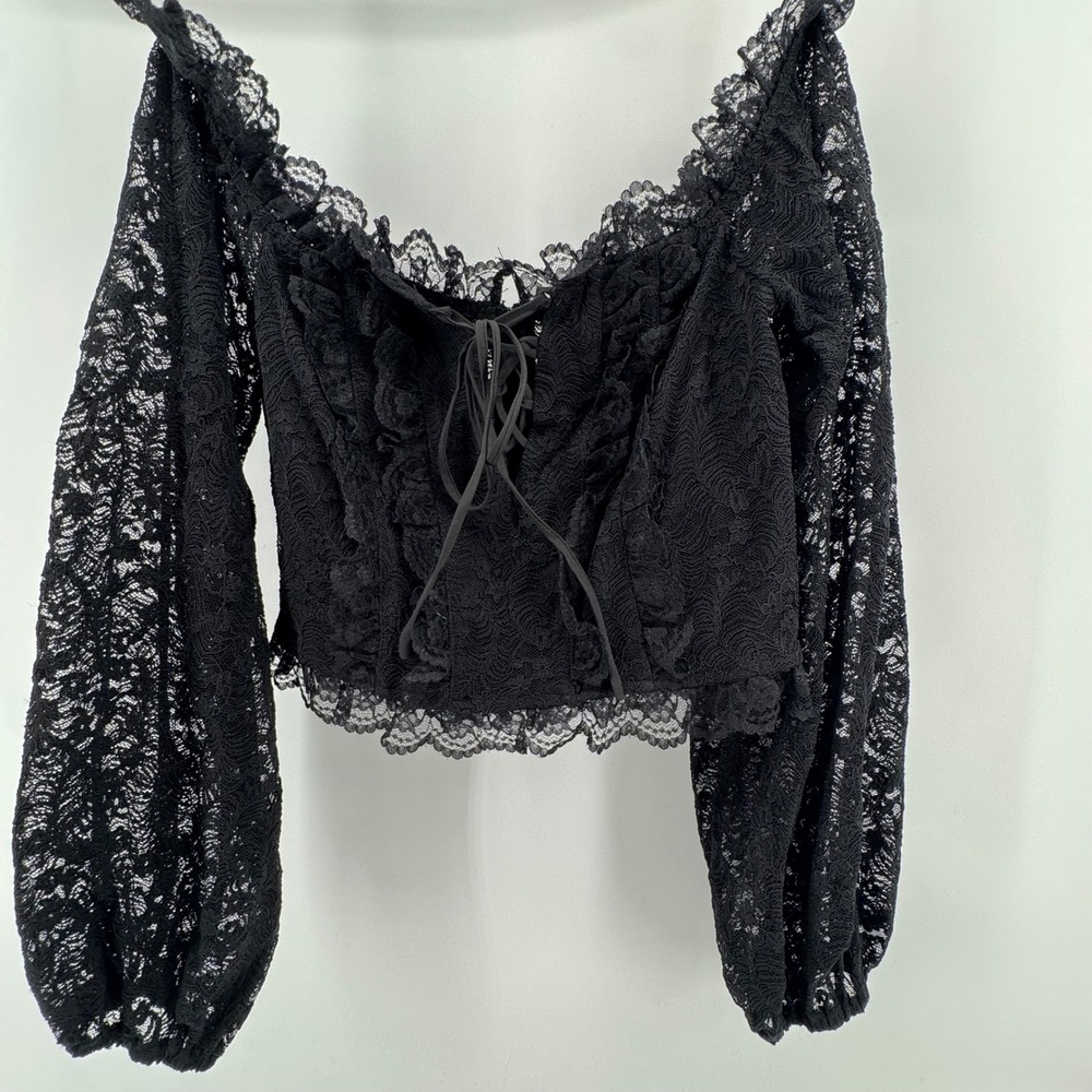 Privy Lace Crop Top Womens Medium‎ Black Lace-up Long Sleeve Goth PT40732N